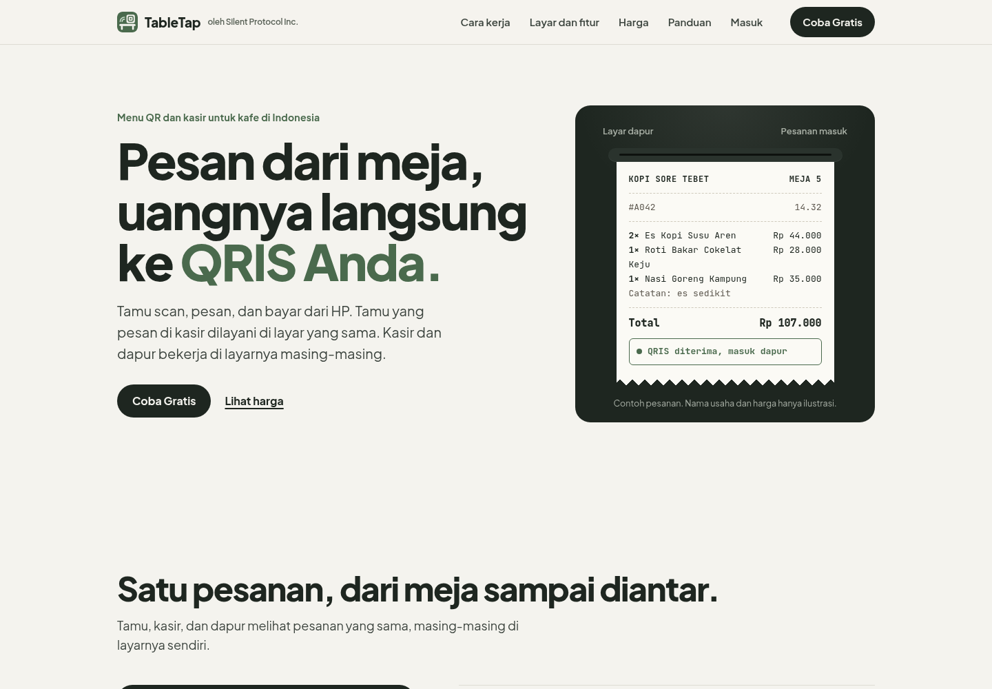 TableTap live landing page with a sample kitchen ticket